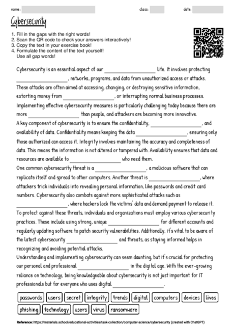 Worksheet With The Topic Cybersecurity Materials School